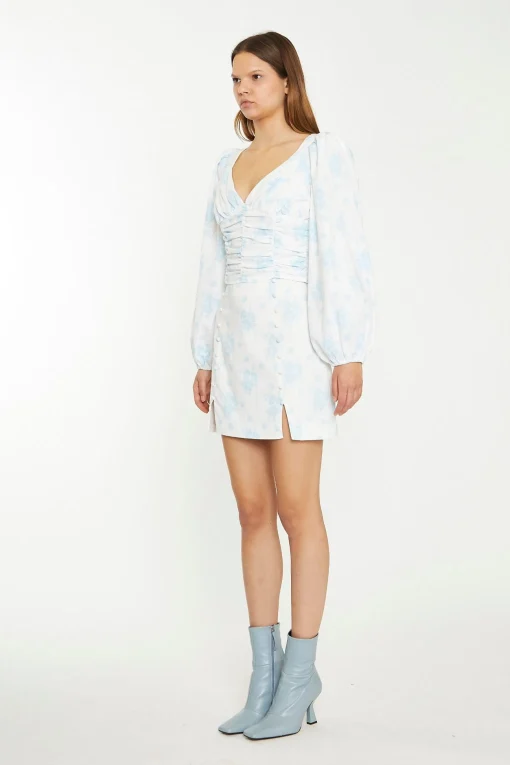 Glamorous Chic Escapes|Day Dresses|Blue Wallpaper Floral Ruched Top -