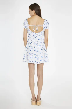 Glamorous Day Dresses|Mini Dresses|Blue-Dot Vintage-Floral Gathered Neckline Mini-Dress -