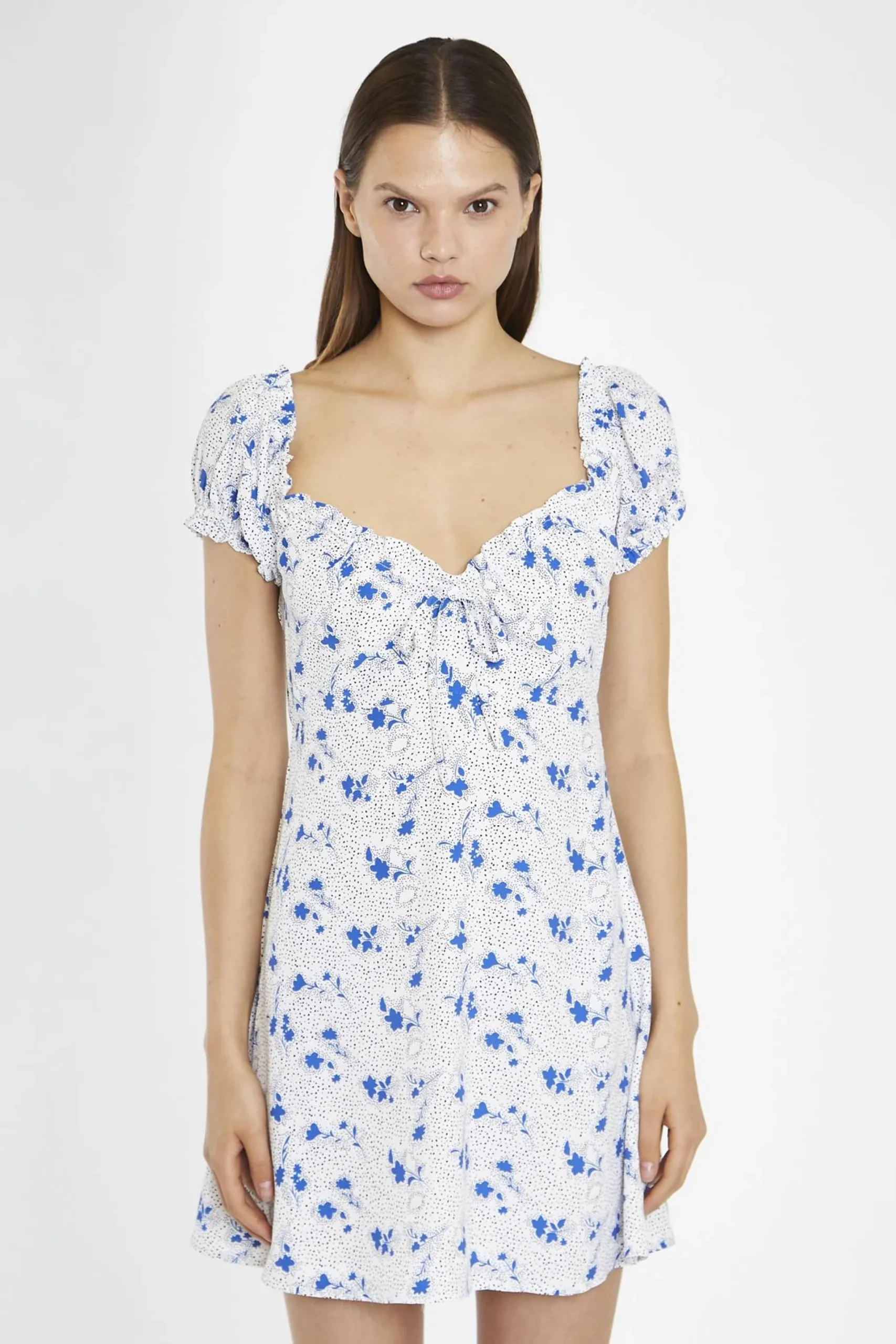 Glamorous Day Dresses|Mini Dresses|Blue-Dot Vintage-Floral Gathered Neckline Mini-Dress -