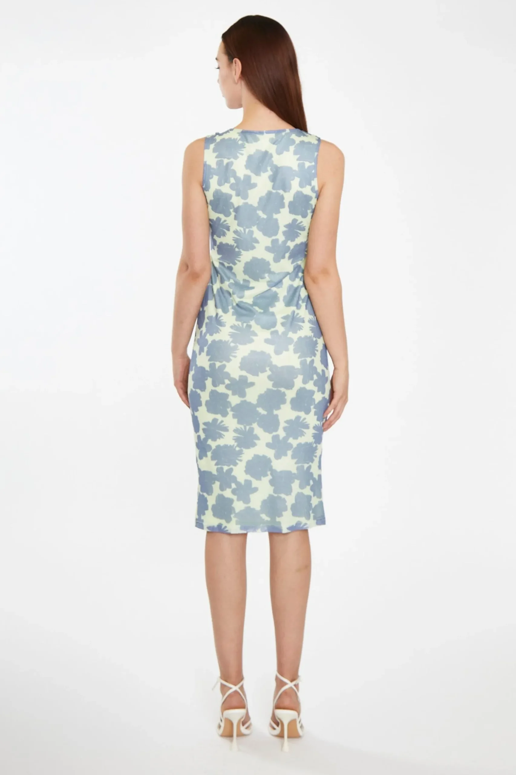 Glamorous Best Dressed Guest|Go To Partywear|Blue-Green Floral Mesh Bodycon Cut-Out Midi-Dress -