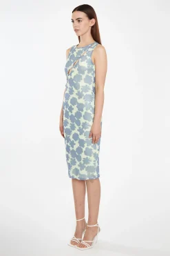 Glamorous Best Dressed Guest|Go To Partywear|Blue-Green Floral Mesh Bodycon Cut-Out Midi-Dress -