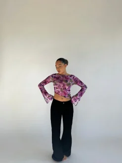 Glamorous Best Dressed Guest|Going Out Tops|Blurred-Purple Floral Asymmetric Crop-Top -