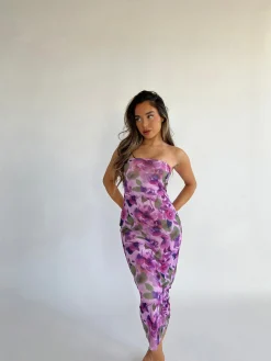 Glamorous Graduation|Best Dressed Guest|Blurred-Purple Floral Bandeau Midaxi-Dress -