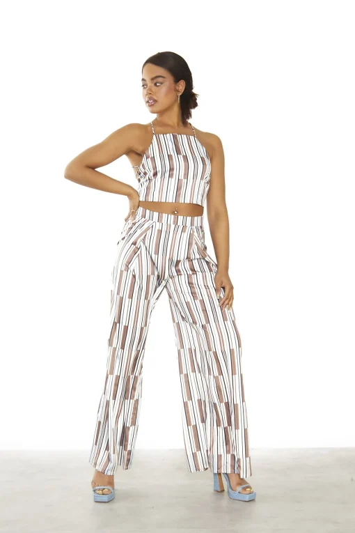 Glamorous Crops, Corsets & Bodysuits|Brown Blue Stripe Tie Back Crop Top -