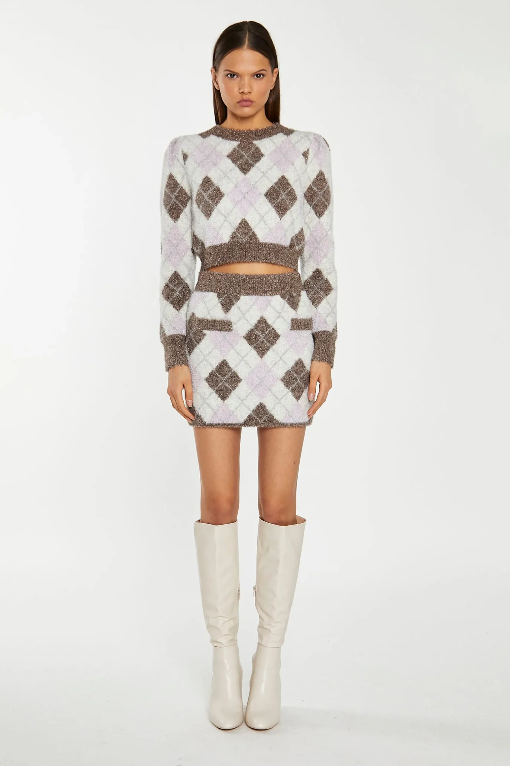 Glamorous Workwear|Go To Partywear|Brown Multi-Argyle Glitter Knit Mini-Skirt -