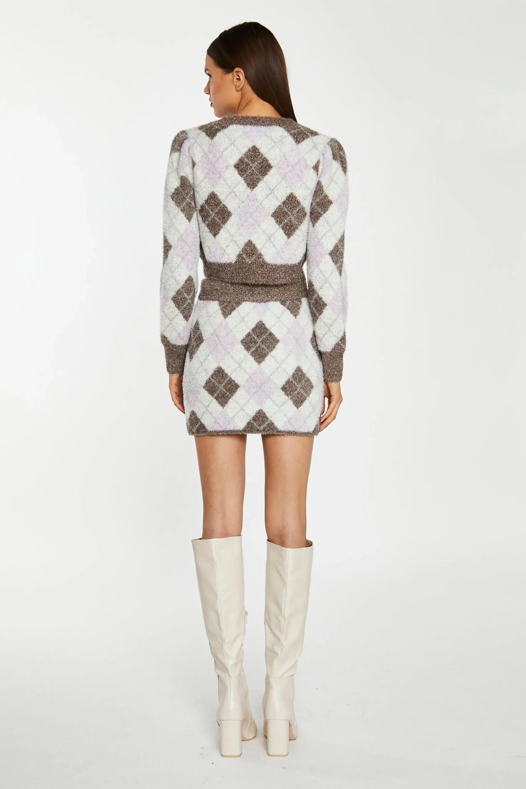 Glamorous Workwear|Go To Partywear|Brown Multi-Argyle Glitter Knit Mini-Skirt -