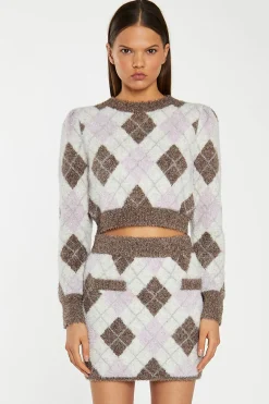 Glamorous Workwear|Go To Partywear|Brown Multi-Argyle Glitter Knit Mini-Skirt -