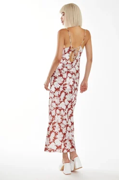 Glamorous Best Dressed Guest|Chic Escapes|Brown Resort-Floral Cowl-Neck Strappy Midi-dress -