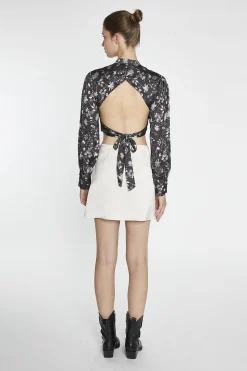 Glamorous Going Out Tops|Crops, Corsets & Bodysuits|Brown-Floral Tie-Back High-Neck Crop-Top -