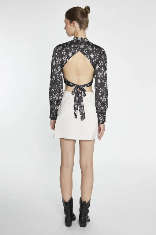 Glamorous Going Out Tops|Crops, Corsets & Bodysuits|Brown-Floral Tie-Back High-Neck Crop-Top -