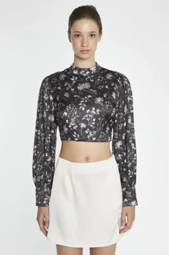Glamorous Going Out Tops|Crops, Corsets & Bodysuits|Brown-Floral Tie-Back High-Neck Crop-Top -