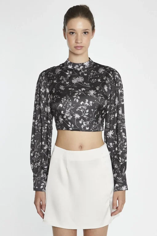 Glamorous Going Out Tops|Crops, Corsets & Bodysuits|Brown-Floral Tie-Back High-Neck Crop-Top -