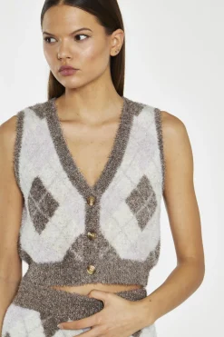 Glamorous Co-ords|Knitted Co-ords|Brown-Multi Argyle Button-Through Knit -Vest -