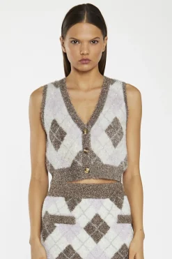 Glamorous Co-ords|Knitted Co-ords|Brown-Multi Argyle Button-Through Knit -Vest -