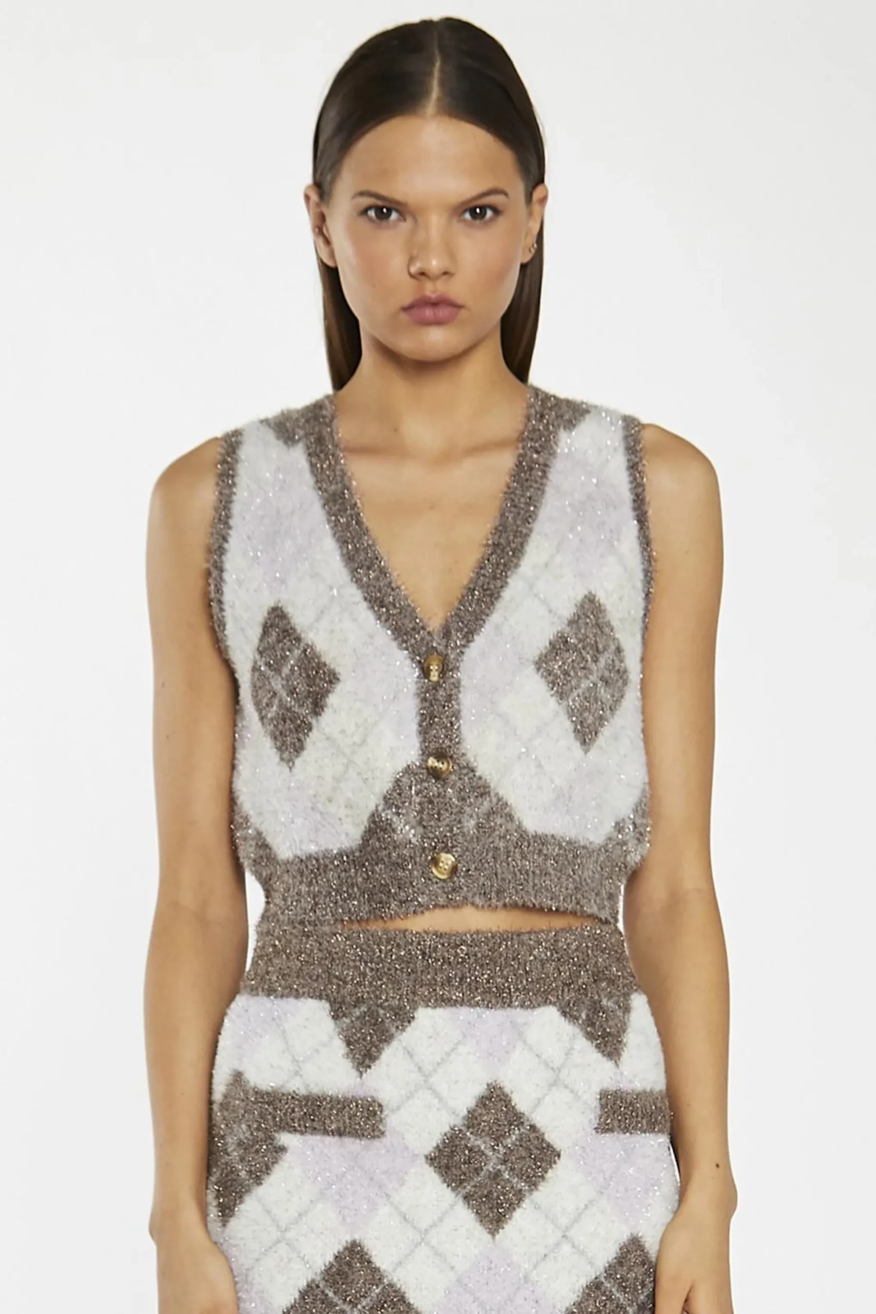 Glamorous Co-ords|Knitted Co-ords|Brown-Multi Argyle Button-Through Knit -Vest -