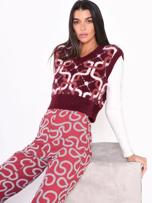 Glamorous Jumpers|Burgundy Pattern V-Neck Sleeveless Jumper -
