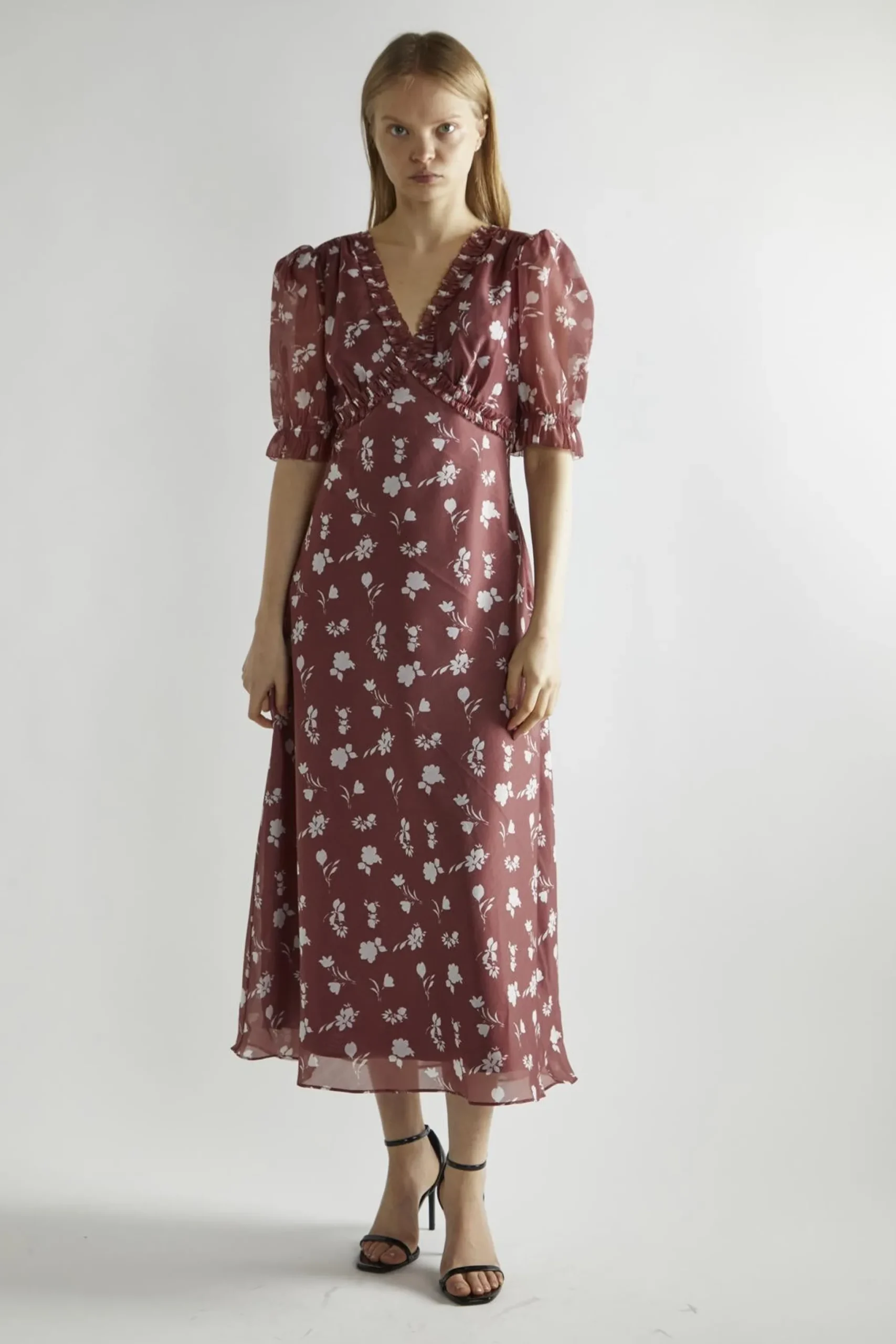 Glamorous Day Dresses|Midi & Midaxi Dresses|Burgundy-Floral Organza V-Neck Midaxi-Dress -