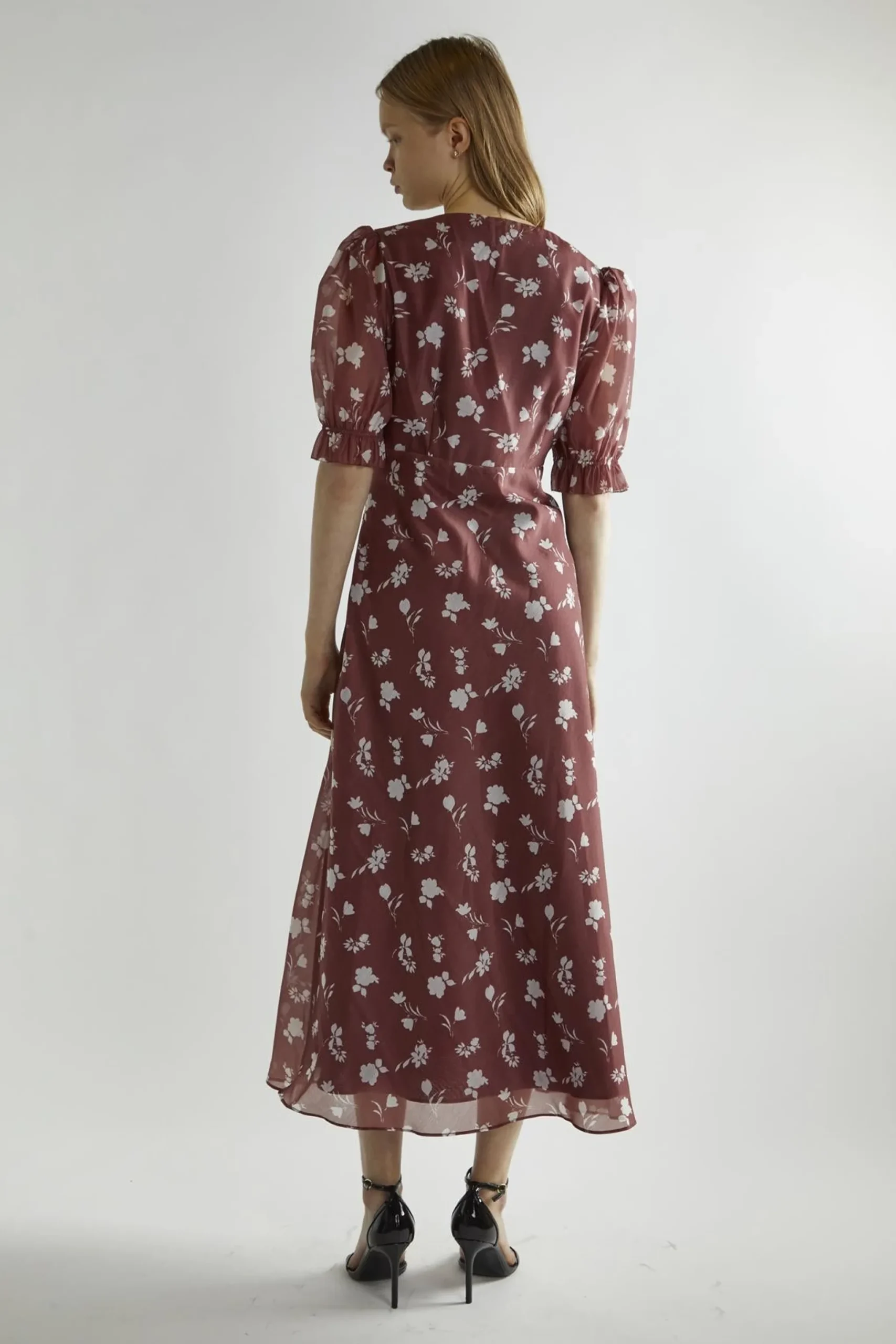 Glamorous Day Dresses|Midi & Midaxi Dresses|Burgundy-Floral Organza V-Neck Midaxi-Dress -