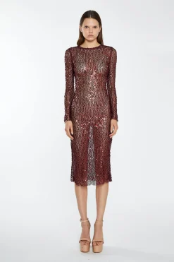 Glamorous Best Dressed Guest|Go To Partywear|Cabernet Mesh-Sequin Long-Sleeve Midi-Dress -