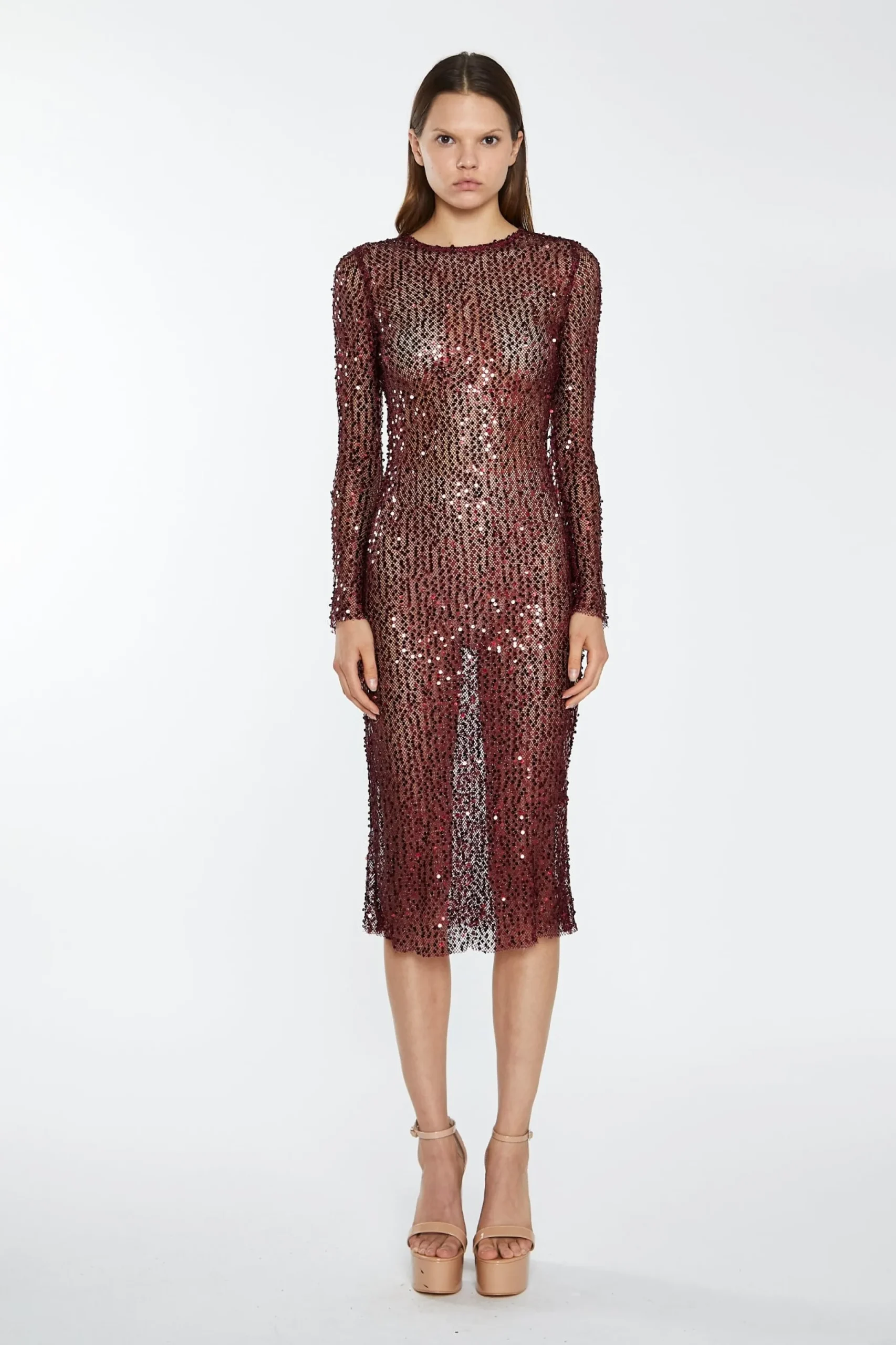 Glamorous Best Dressed Guest|Go To Partywear|Cabernet Mesh-Sequin Long-Sleeve Midi-Dress -