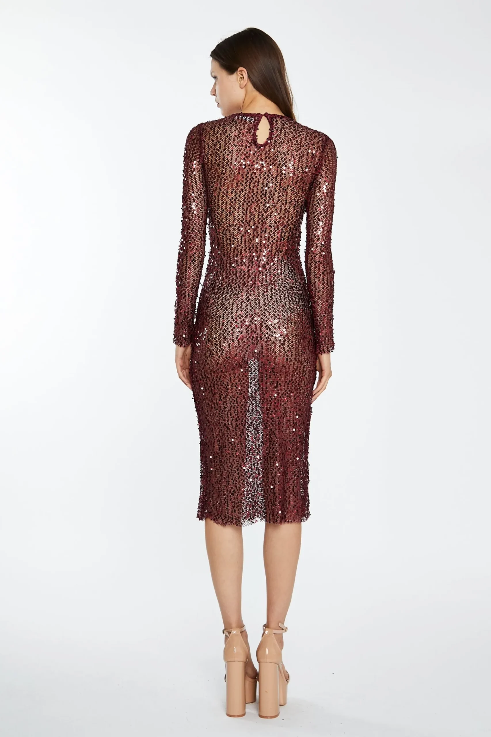 Glamorous Best Dressed Guest|Go To Partywear|Cabernet Mesh-Sequin Long-Sleeve Midi-Dress -