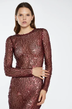 Glamorous Best Dressed Guest|Go To Partywear|Cabernet Mesh-Sequin Long-Sleeve Midi-Dress -