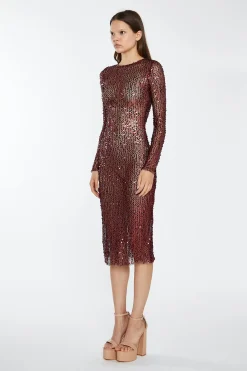 Glamorous Best Dressed Guest|Go To Partywear|Cabernet Mesh-Sequin Long-Sleeve Midi-Dress -
