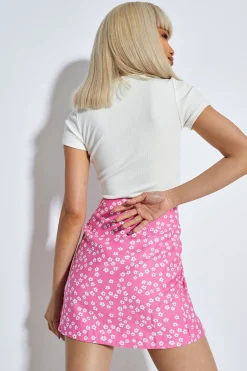 Glamorous Mini Skirts|Candy Pink Flower Double Slit Mini Skirt -