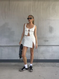 Glamorous Tops|Co-ords|Cassidy Co-ord Satin Button Up Top with Lace Trim -Green Pink Stem Flo -