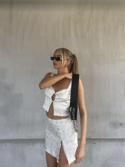 Glamorous Bottoms|Co-ords|Cassidy Co-ord Satin Wrap Skirt with Lace Trim -Green Pink Stem Floral -