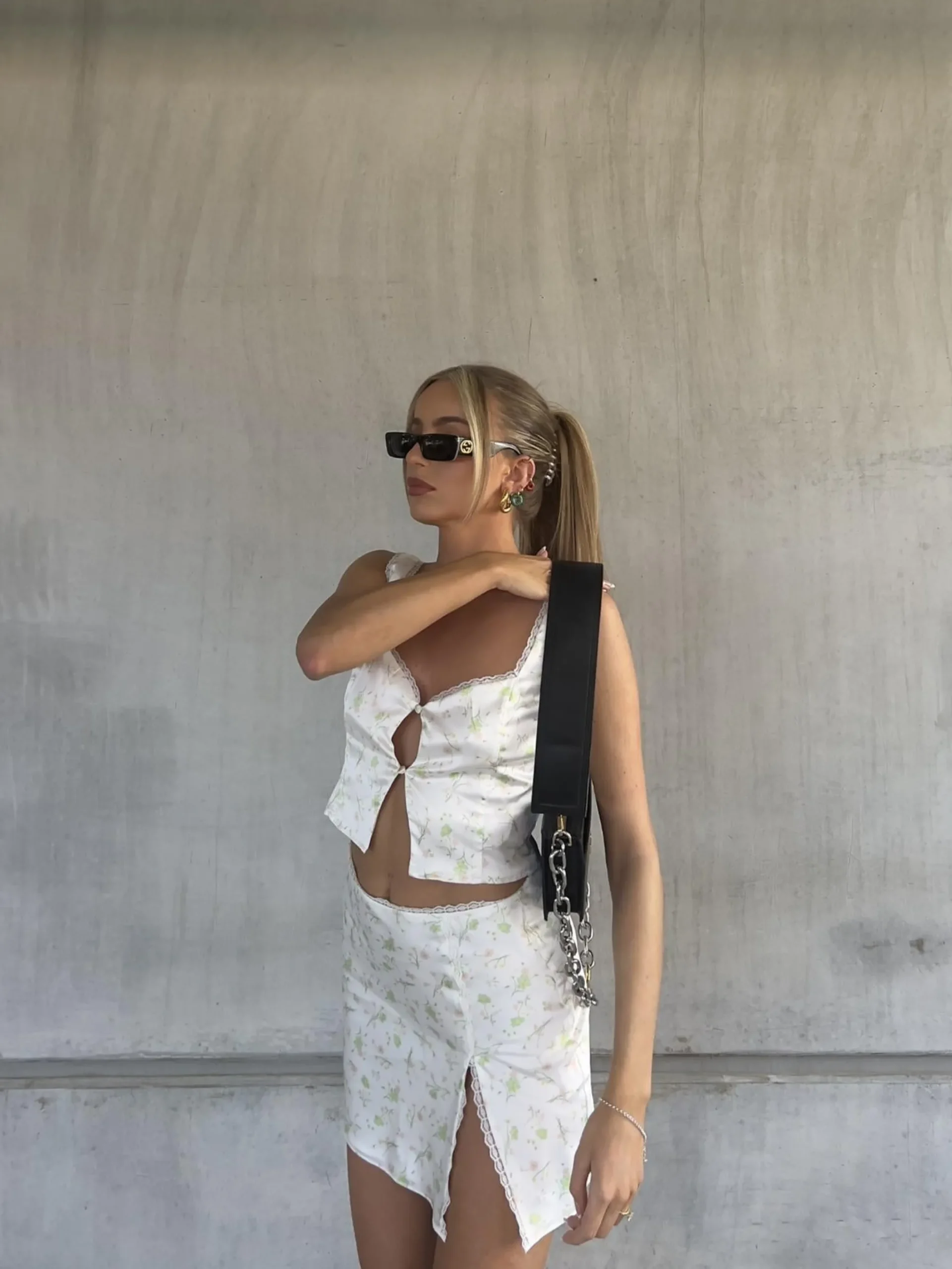 Glamorous Bottoms|Co-ords|Cassidy Co-ord Satin Wrap Skirt with Lace Trim -Green Pink Stem Floral -