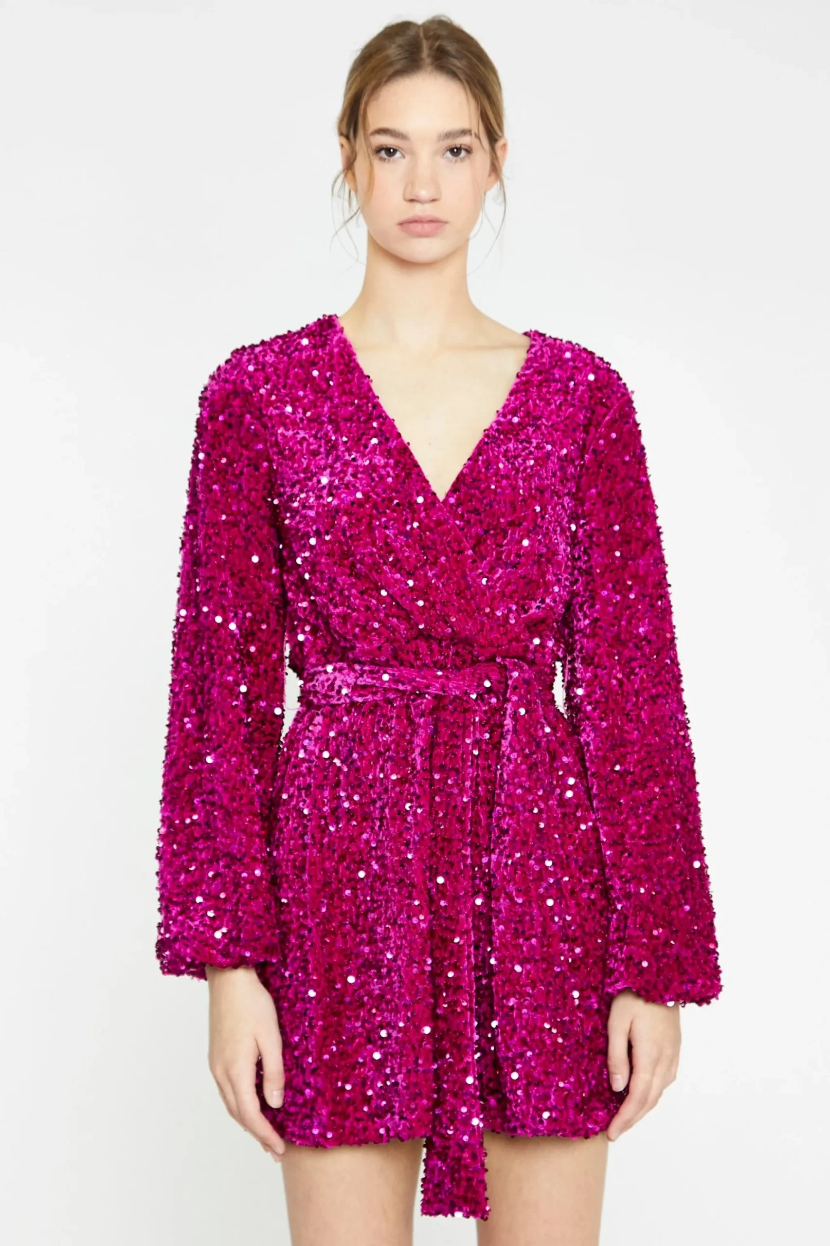Glamorous Best Dressed Guest|Go To Partywear|Cerise Velvet-Sequin Tie-Waist Wrap Mini-Dress -