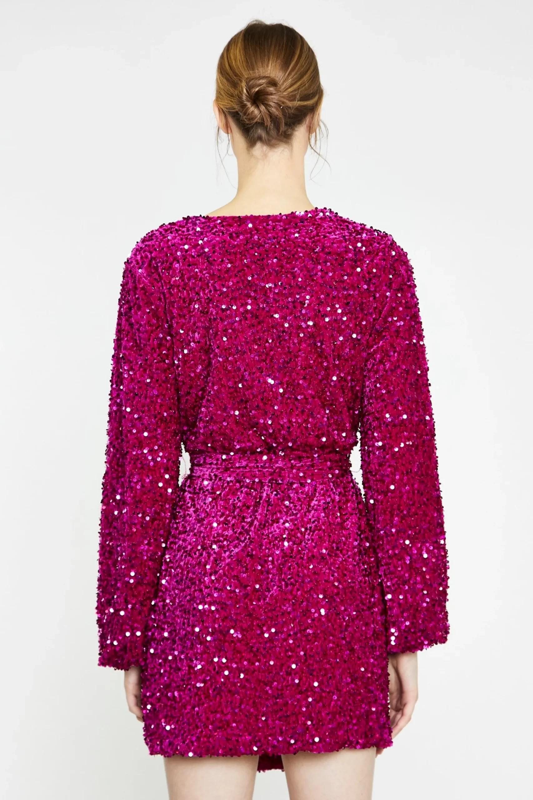 Glamorous Best Dressed Guest|Go To Partywear|Cerise Velvet-Sequin Tie-Waist Wrap Mini-Dress -
