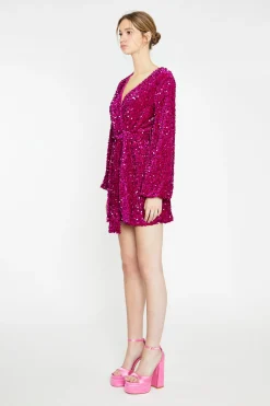 Glamorous Best Dressed Guest|Go To Partywear|Cerise Velvet-Sequin Tie-Waist Wrap Mini-Dress -