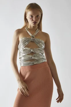 Glamorous Going Out Tops|Crops, Corsets & Bodysuits|Champagne-Lame Twist-Front Cut-Out Halterneck-Top -
