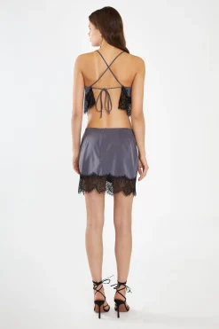 Glamorous Going Out Tops|Co-ords|Charcoal-Grey Black Tie-Back Cowl Neck Crop-Top -