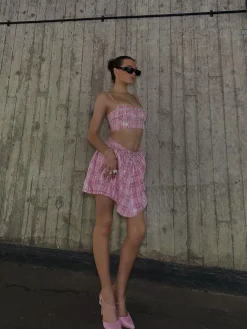 Glamorous Bottoms|Co-ords|Cher Co-ord Diamante Trim Skater Mini Skirt - Pink Check Sequin -