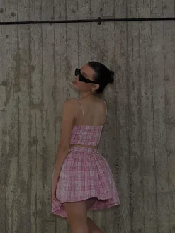 Glamorous Bottoms|Co-ords|Cher Co-ord Diamante Trim Skater Mini Skirt - Pink Check Sequin -