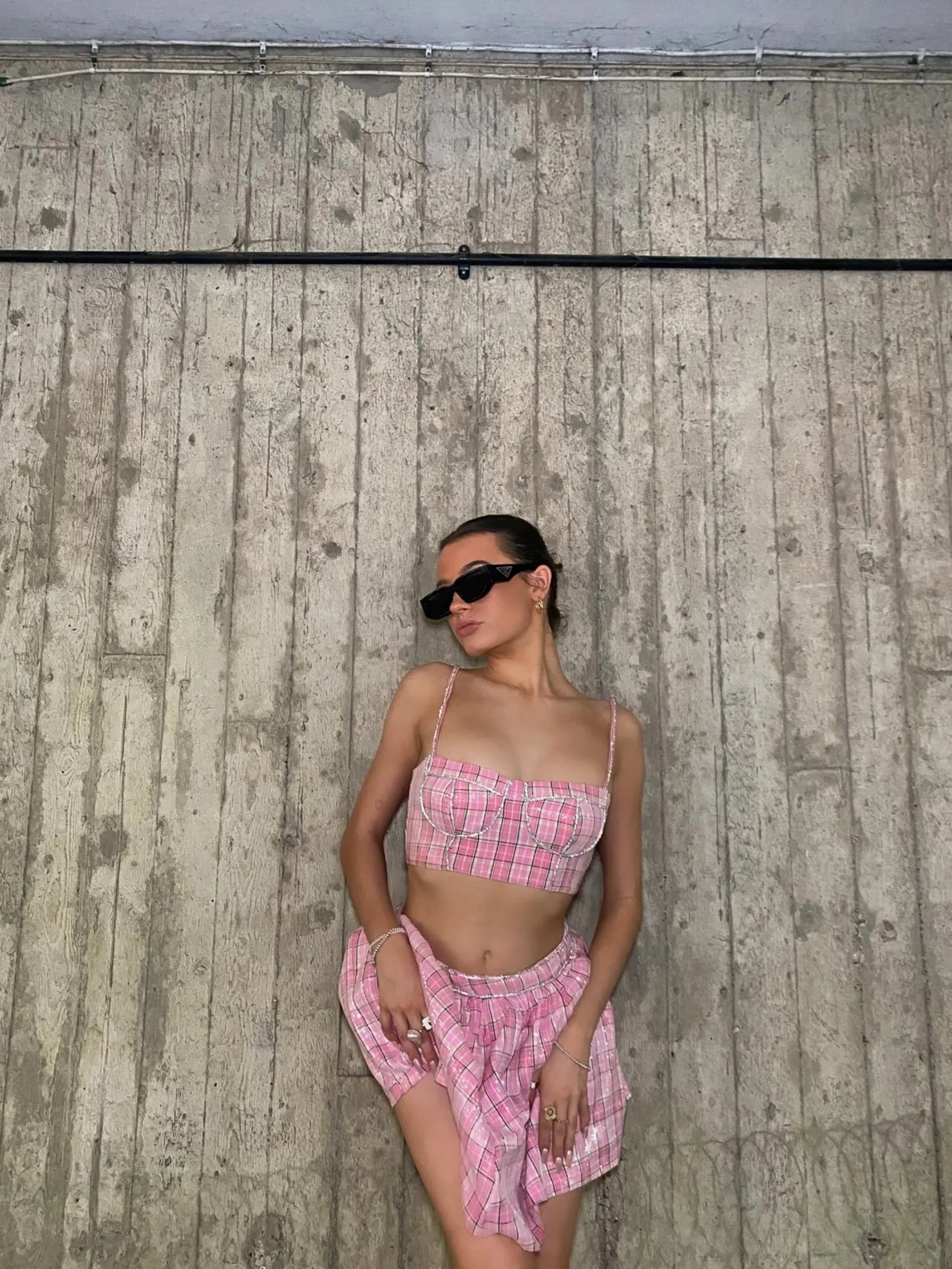 Glamorous Bottoms|Co-ords|Cher Co-ord Diamante Trim Skater Mini Skirt - Pink Check Sequin -