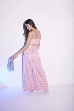 Glamorous Bottoms|Co-ords|Cher Co-ord Ruched Waist Trousers - Pink Check Sequin -