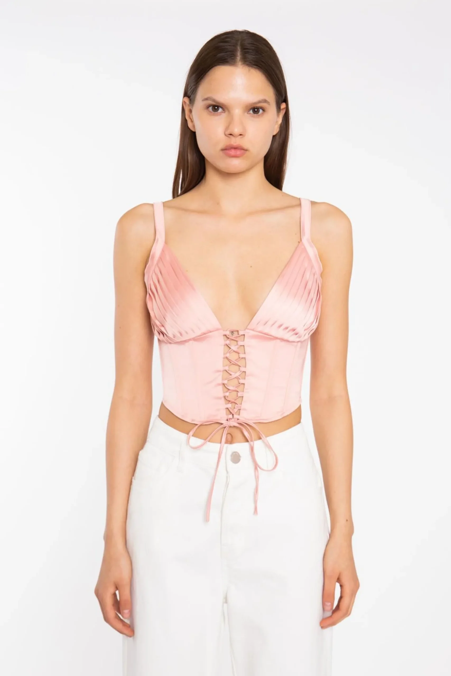 Glamorous Going Out Tops|Coral Pink Pleated Bust Lace-Up Corset-Top -