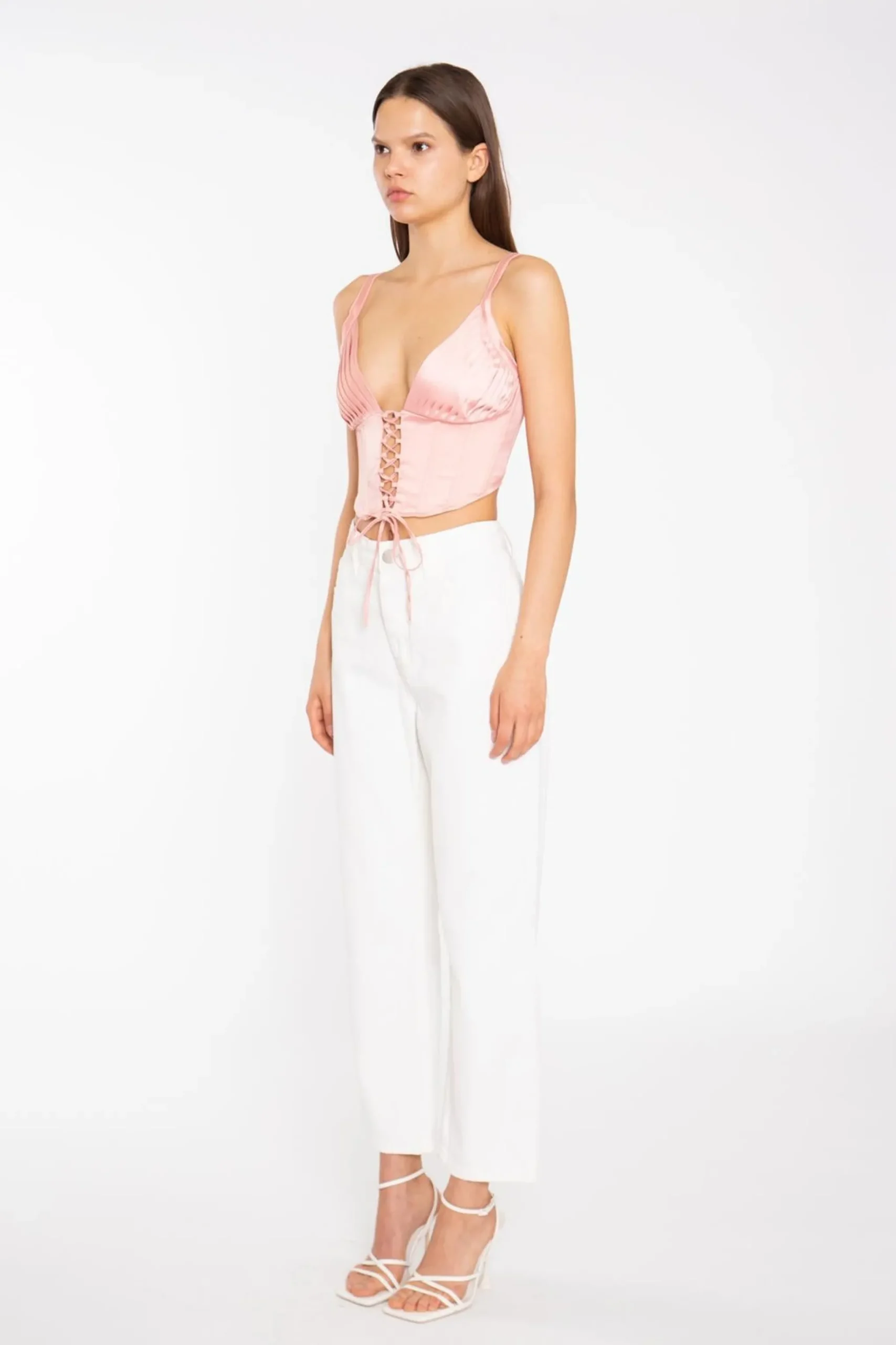 Glamorous Going Out Tops|Coral Pink Pleated Bust Lace-Up Corset-Top -