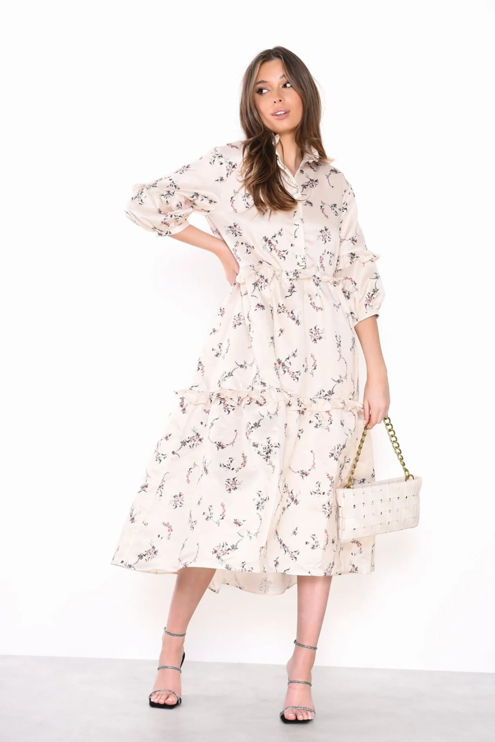 Glamorous Day Dresses|Midi & Midaxi Dresses|Cream Dainty Floral Long Sleeve Puff Button Up Midi Dress -