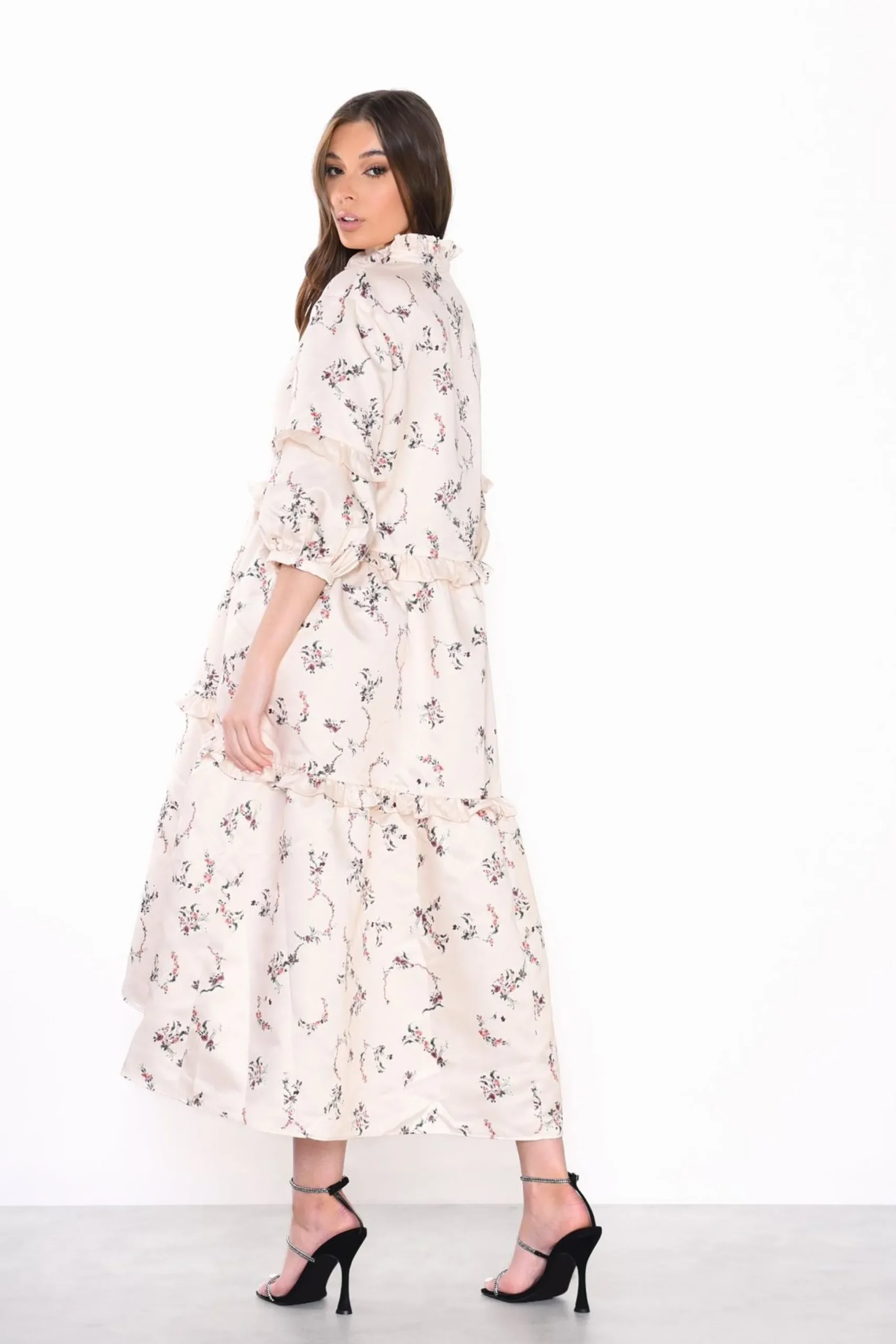 Glamorous Day Dresses|Midi & Midaxi Dresses|Cream Dainty Floral Long Sleeve Puff Button Up Midi Dress -