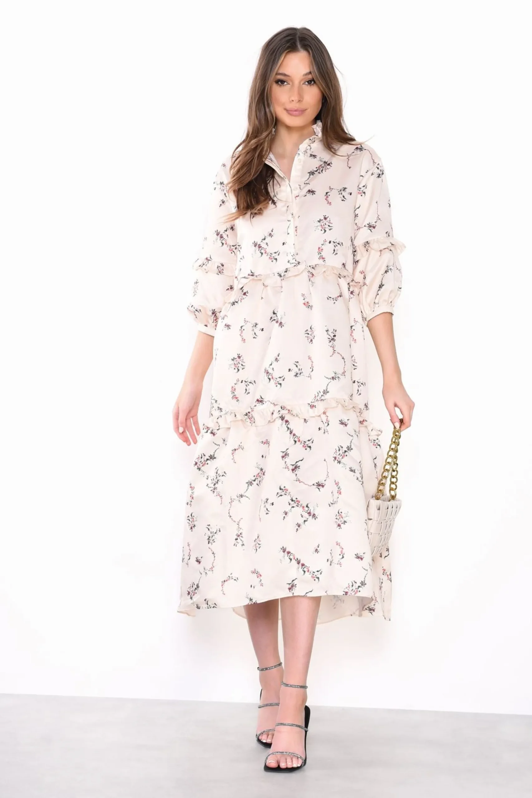 Glamorous Day Dresses|Midi & Midaxi Dresses|Cream Dainty Floral Long Sleeve Puff Button Up Midi Dress -