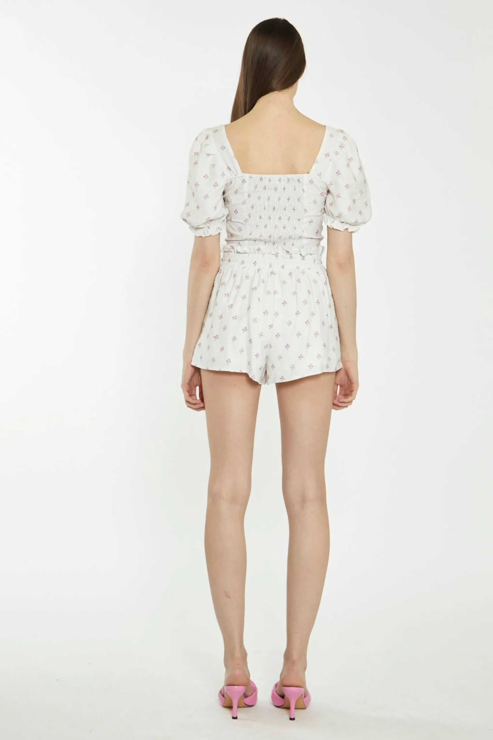 Glamorous Chic Escapes|Co-ords|Cream Pink Stem Flower Crop-Top -