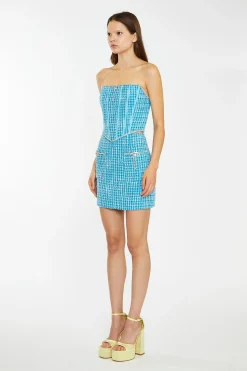 Glamorous Best Dressed Guest|Going Out Skirts|Cyan-Blue Tweed Diamante Trim Mini-Skirt -
