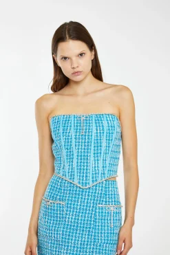 Glamorous Best Dressed Guest|Going Out Tops|Cyan-Blue Tweed Diamante Trim Corset -