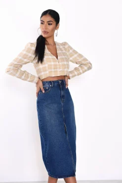 Glamorous Midi & Midaxi Skirts|Dark Blue Stonewash Split High Waisted Midi Skirt -