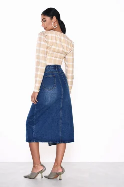Glamorous Midi & Midaxi Skirts|Dark Blue Stonewash Split High Waisted Midi Skirt -